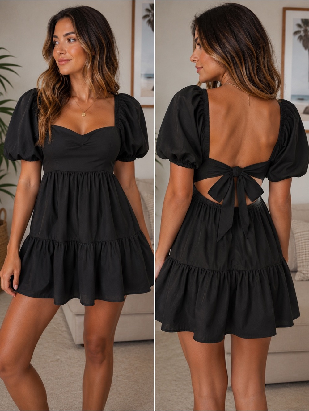 Puff Sleeve Tie-Back Mini Dress in Black